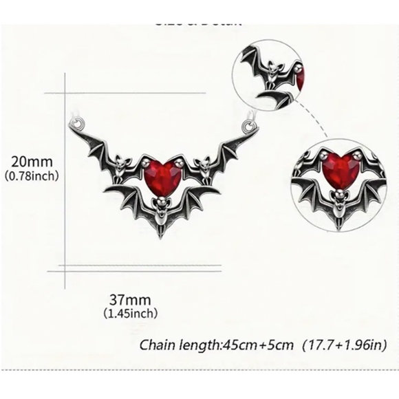 Gothic Punk Style Bat Wing Heart Pendant Necklace with Rhinestone Accents - Picture 6 of 6